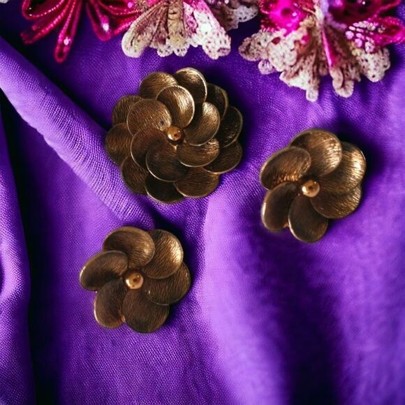 Demi Parure Earrings Brooch Set Vtg Copper Floral 50s 60s Daisy Estate MCM Retro - Picture 14 of 16